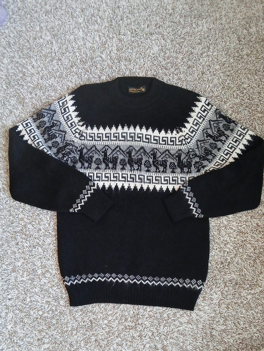 100% Alpaca Fina Peruvian Sweater Black Fair Isle Llama Crewneck Women's Medium*